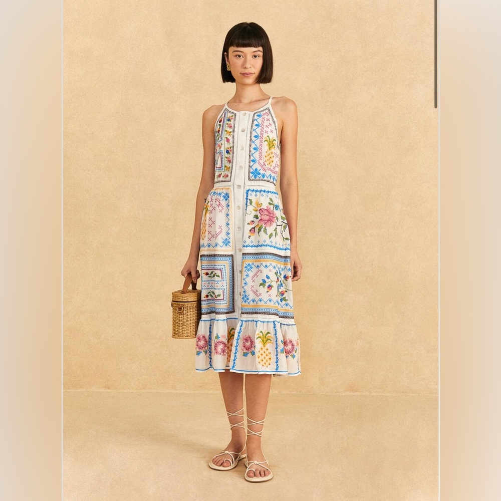Farm Rio Grandma Gift Embroidered Midi Dress